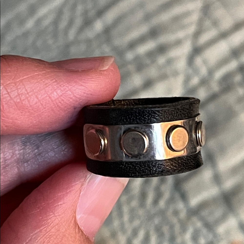 Artisan Black Leather Ring with Silver Stud Accents - Picture 5 of 14